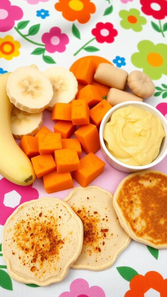 A vibrant display of healthy baby snacks including banana slices, sweet potato cubes, applesauce, and mini pancakes on a picnic blanket.
